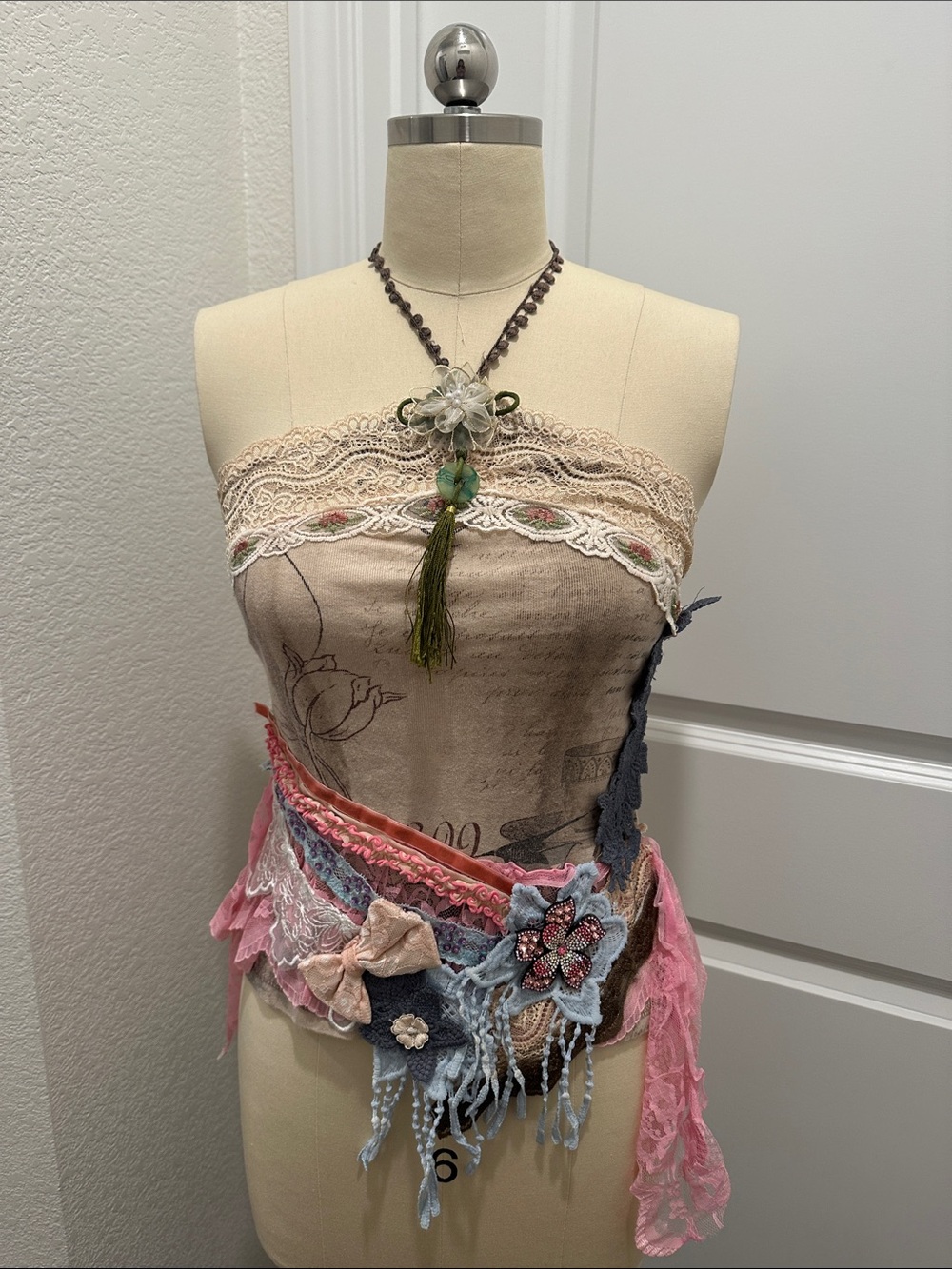 Boho Lace Patchwork Strapless Top in Blush and Pink handmade fairy lace ruffle